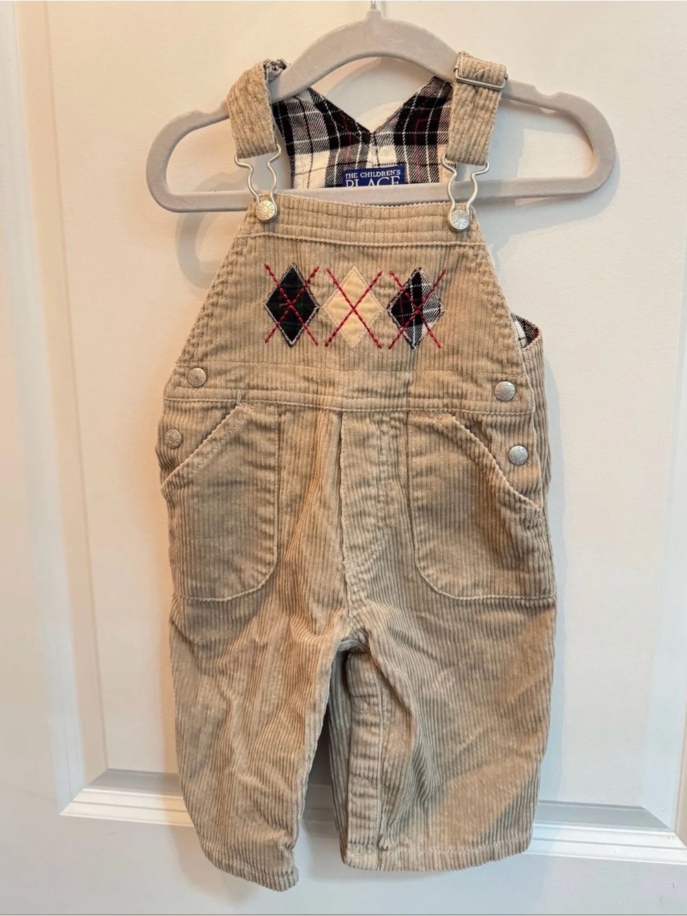 The Children's Place Y2K Tan Corduroy Overalls with Argyle Detail - Kids